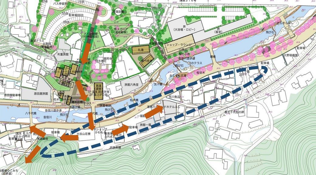 2016年に策定された「長門湯本温泉観光まちづくり計画」掲載図。回遊性のある温泉街にする方向性が打ち出された（画像：星野リゾート）