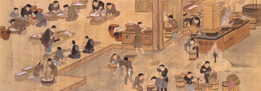 梅ぼ志飴、玉だれ、打物成形、甘名納糖煮込などが製造されている場面が描かれている（画：柴田真哉『榮太樓工場の図』、榮太樓總本鋪提供）