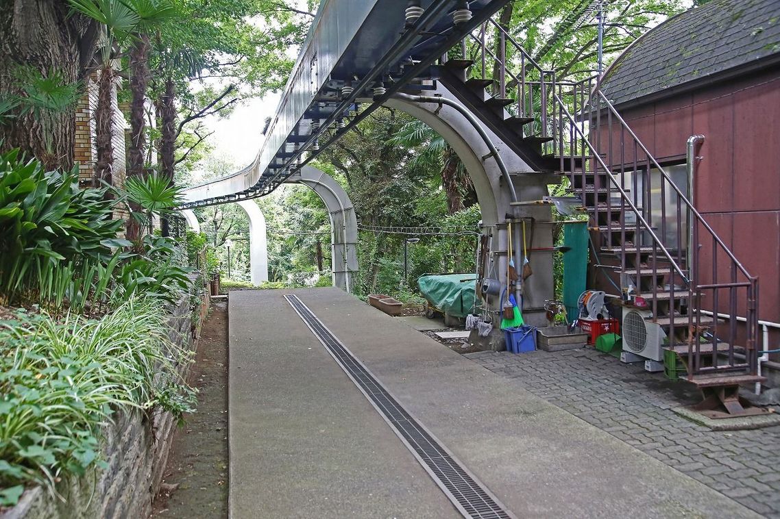 上野動物園東園駅からは木立の中を軌道が延びていた