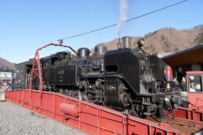 鬼怒川温泉駅前では機関車の方向転換ショー