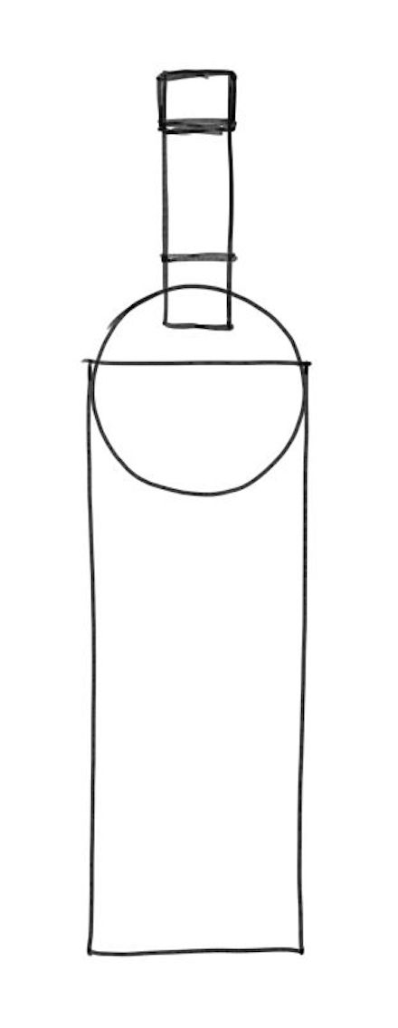 2個の長方形、1個の円に分解して描いたワインボトルの設計図。余分な線はあとで消す（出所：『誰でも30分で絵が描けるようになる本』）