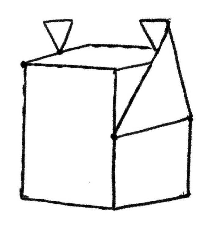 直方体、大きな三角形、2つの小さな逆三角形を配した、紙袋の「設計図」（出所：『誰でも30分で絵が描けるようになる本』）