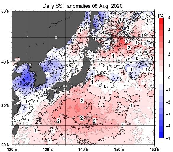 【図4：8月8日の海面水温平年差】出典：気象庁HP