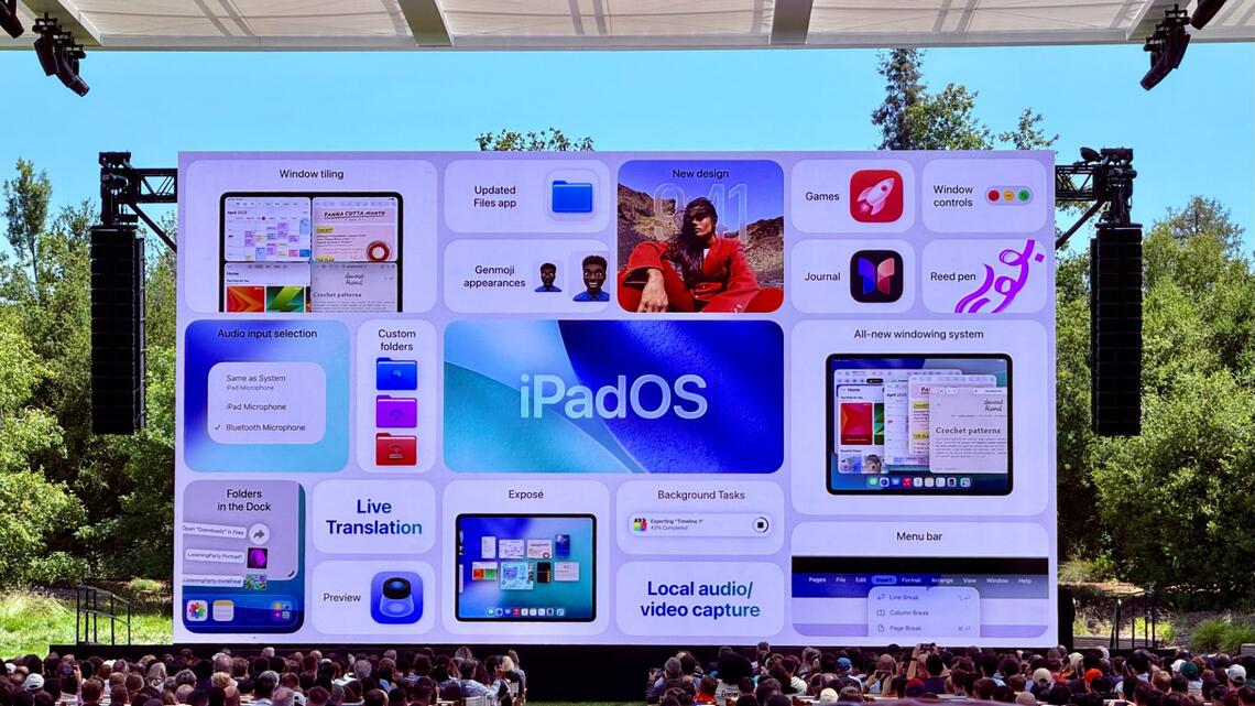WWDC25で発表されたiPadOS 26の新機能一覧。AI機能以上に、Windows PCやMacのような活用に迫る使い勝手の向上が盛りこまれた(筆者撮影)