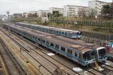 車両基地に並ぶ横浜市営地下鉄ブルーラインの車両（編集部撮影）