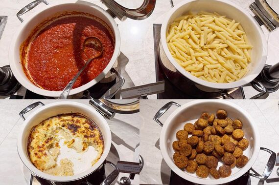 トマトソース、ペンネ、シーフードドリア、ファラフェル