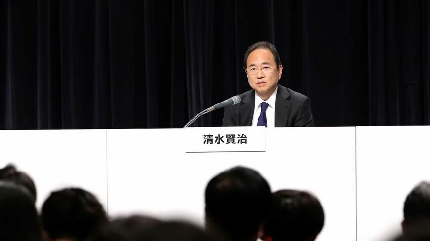 第三者委員会の会見を受けて始まった清水賢治社長による会見