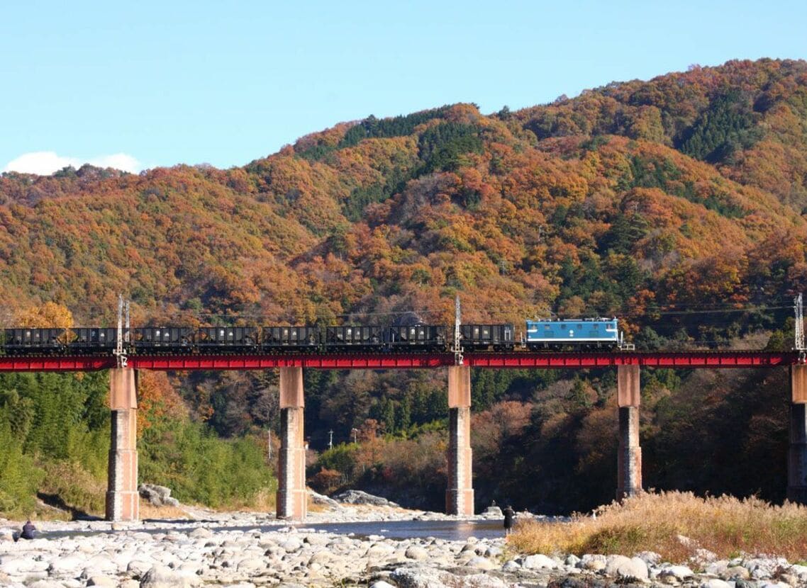 秋の長瀞渓谷を行く秩父鉄道の貨物列車