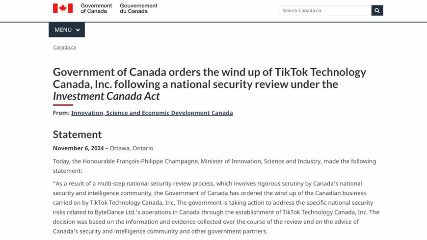カナダ政府は安全保障上の懸念を理由に、海外からの投資の審査を強化している。写真はTikTokカナダ法人の事業停止を命じたイノベーション・科学・経済開発省の声明（カナダ政府ウェブサイトより）