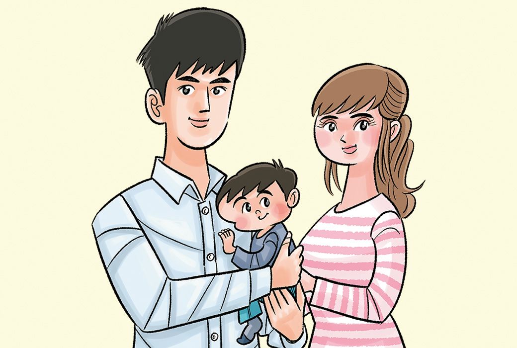 幼児を抱く両親のイラスト