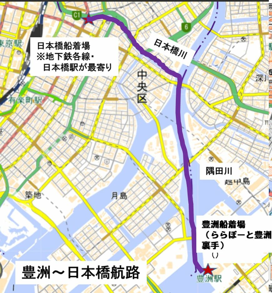 豊洲～日本橋航路のルート（地理院地図に筆者加工）