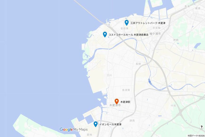 活気のあるアクアライン付近から木更津駅までは、車で20分ほど距離がある（Googleマイマップにて作成）