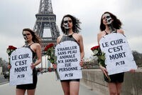 動物愛護団体､毛皮利用に反対して抗議活動 パリコレ開幕で