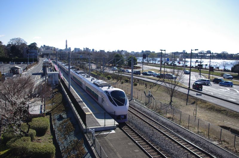 営業中の「偕楽園」駅に停車する特急「ひたち」（筆者撮影）