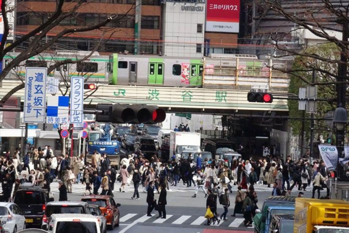 渋谷駅のスクランブル交差点を横目に走る山手線
