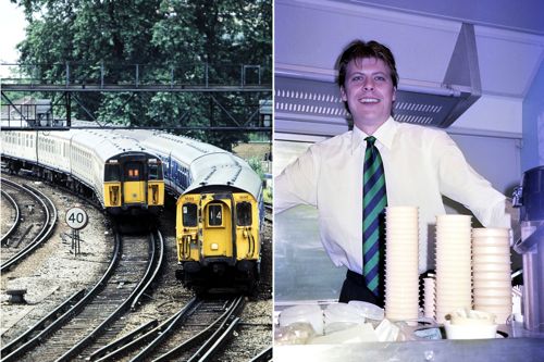 世界的にも珍しいイギリスの第三軌条式電車の車内販売（1997年 筆者撮影）