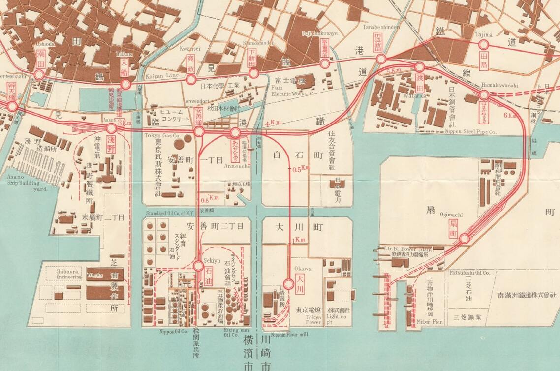 二重の赤線が臨港鉄道、内陸部の赤線が軌道線だ