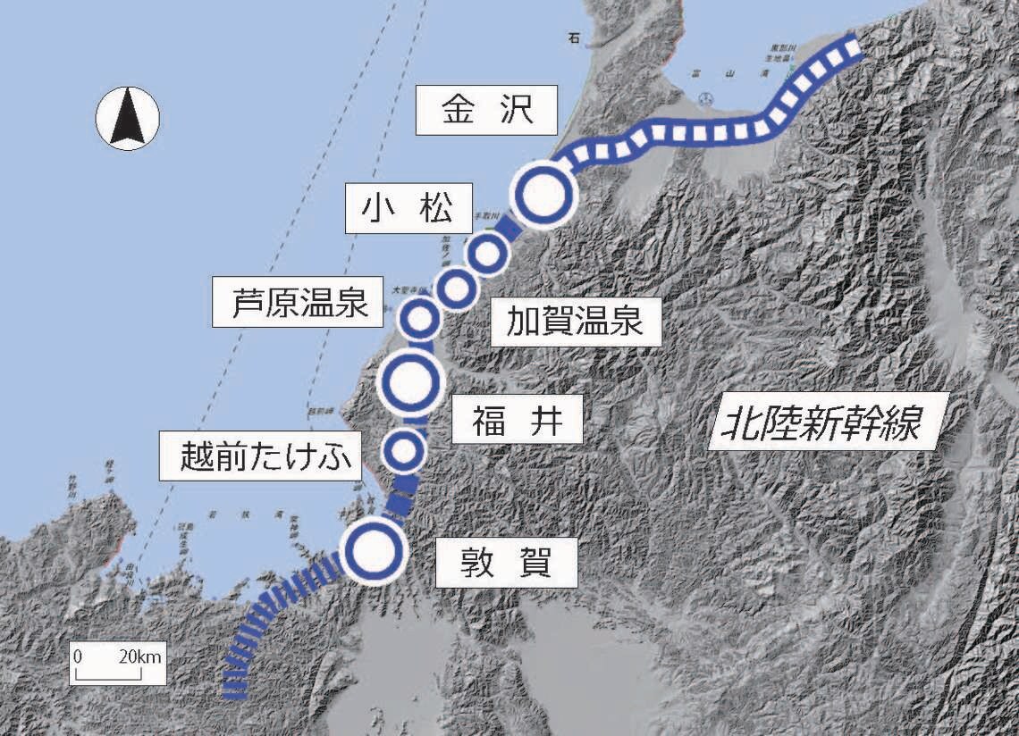 北陸新幹線の延伸区間の略図（地理院地図から筆者作成）