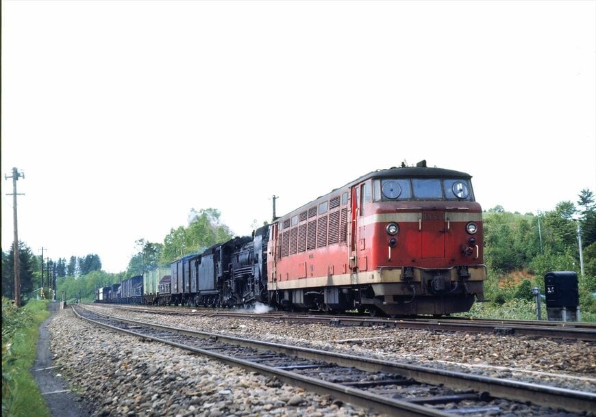 塩狩駅にて、DD53形と蒸気機関車の重連が牽引する貨物列車（撮影：南正時）