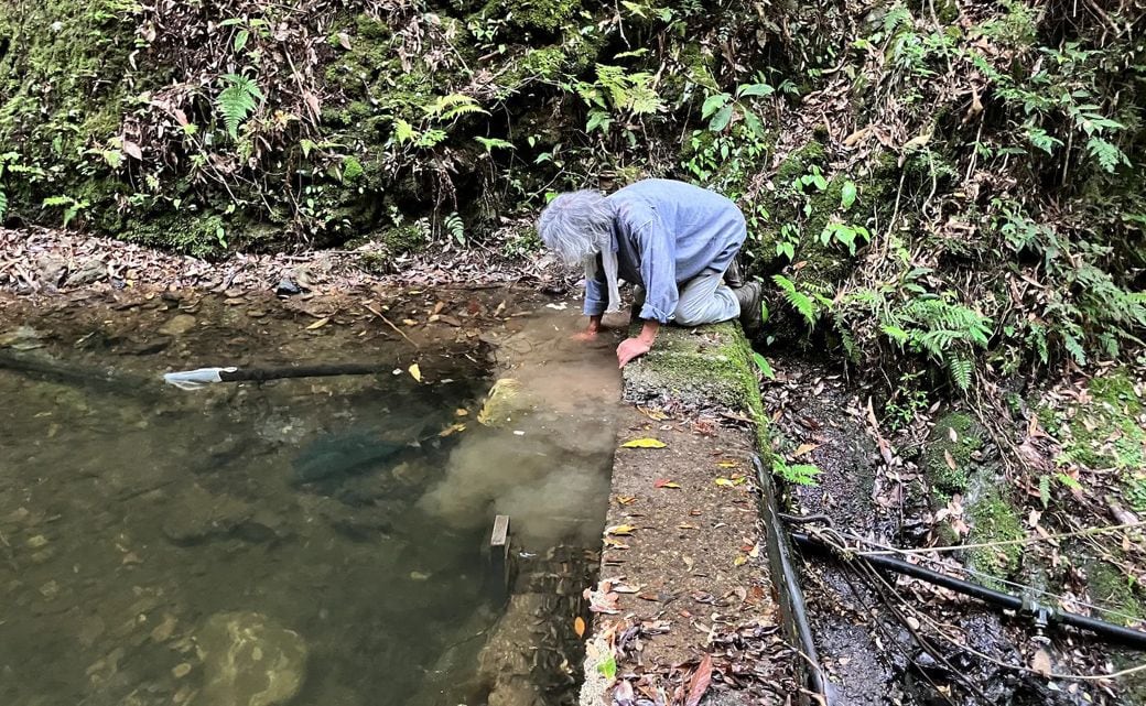 生活などに使う水を引いている山中の手作りダムを掃除する松田省吾さん（2025年5月2日、宮崎県木城町で、弁護士ドットコムニュース撮影）