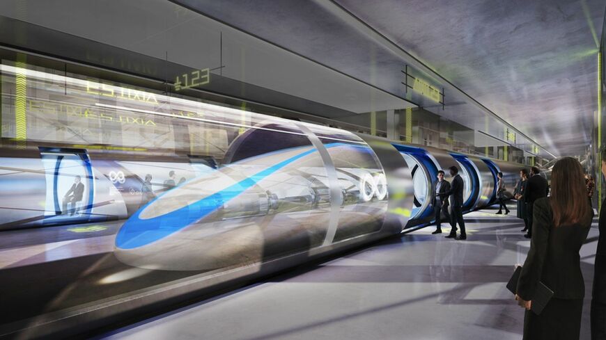 ハイパーループのCGイメージ。駅に停車する車両はチューブで覆われるため実際には見えない（画像：アラップ）