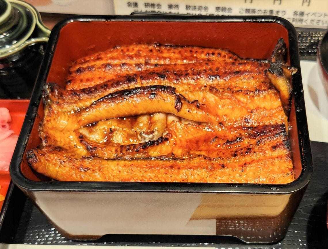 「うな重 松」（2600円）。うなぎは蒸す関東風だが、しっかりと焼き目をつけて仕上げる（編集部撮影）