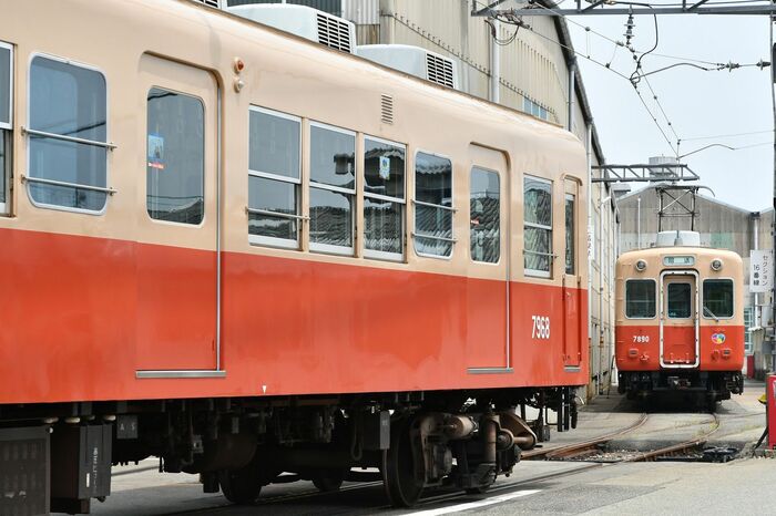 役目を終えた2編成の赤胴車が並ぶ。