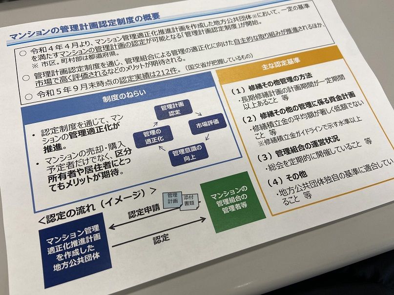 国土交通省の資料。マンション管理計画認定制度のねらいとして、管理適正化が推進されるとしている（編集部撮影）