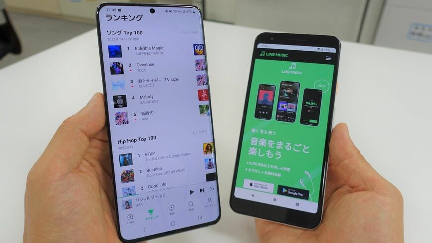 スマホに表示されたLINE MUSICと楽曲ランキングの画面