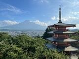 緑が生い茂る、真夏の「新倉山浅間公園」から見た富士山（筆者撮影）