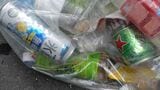 清涼飲料水のリサイクルボックスにアルコール飲料の缶が投棄されていた（筆者撮影）