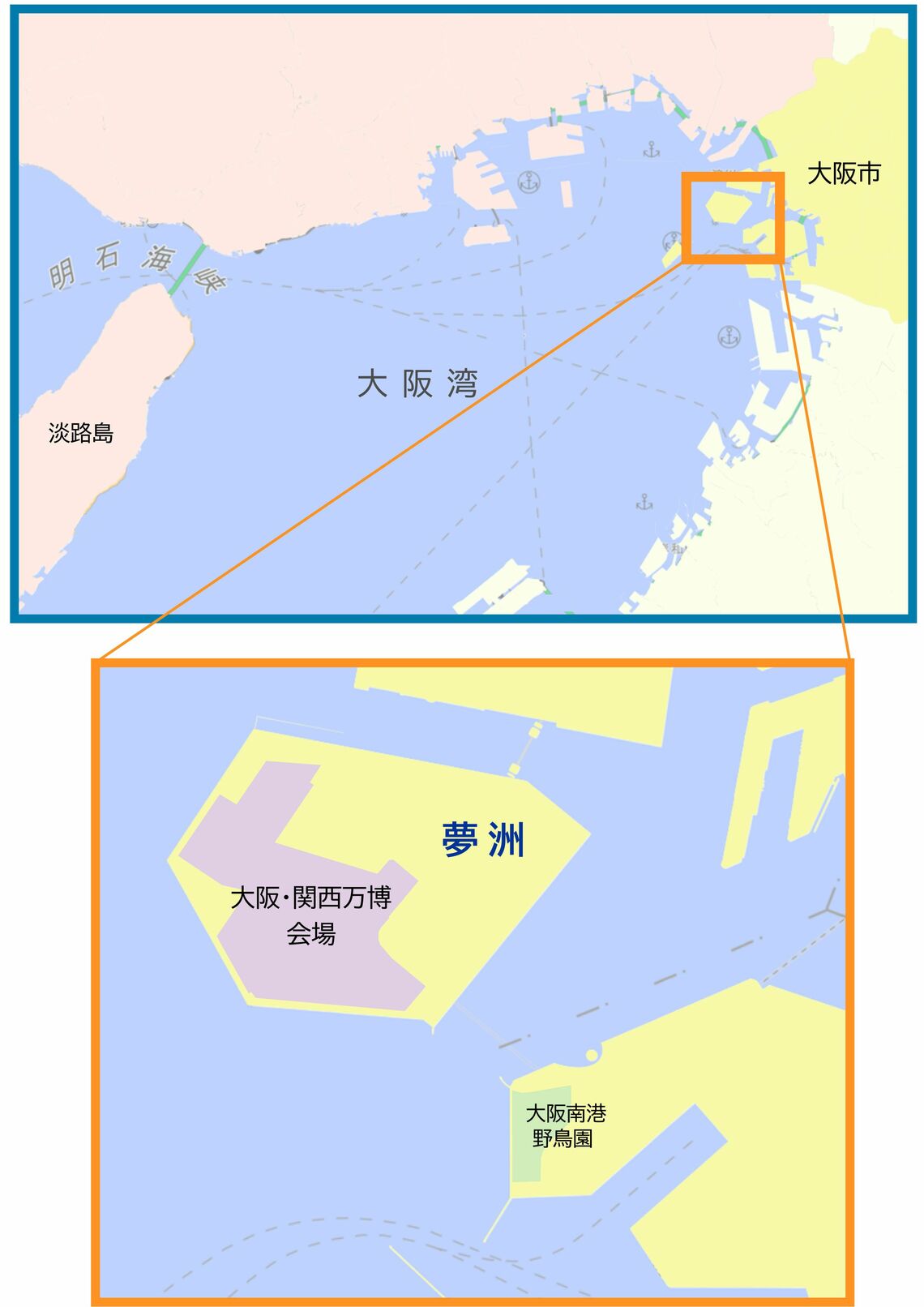 夢洲の位置（地理院タイルと国土数値情報を使用し、ごん屋が作成）