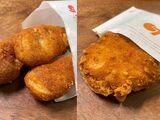 写真左: ロッテリアのチキンからあげっと（190円）、 写真右: 若鶏のフライドチキン（285円）。チキンからあげっとはフライドチキンというよりスナック菓子に近い食感（筆者撮影）