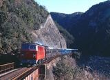 福知山線旧線の武田尾付近を行くDD54牽引の普通列車（筆者撮影）