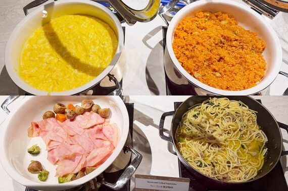 スクランブルエッグ、チキンライス、ベーコンと焼き野菜、ツナと菜の花のパスタ