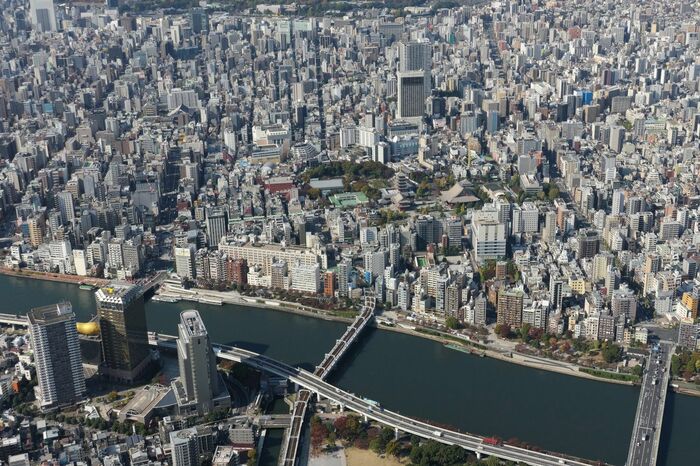 スカイツリーから見た浅草駅と浅草寺