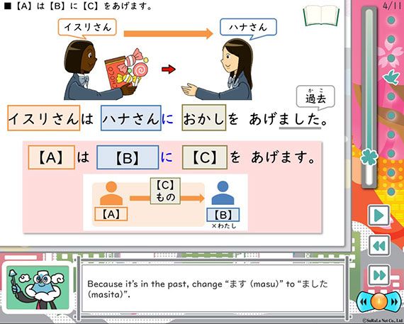 アニメーションを用いたレクチャー機能もある「すらら にほんご」（写真：すららネット提供）