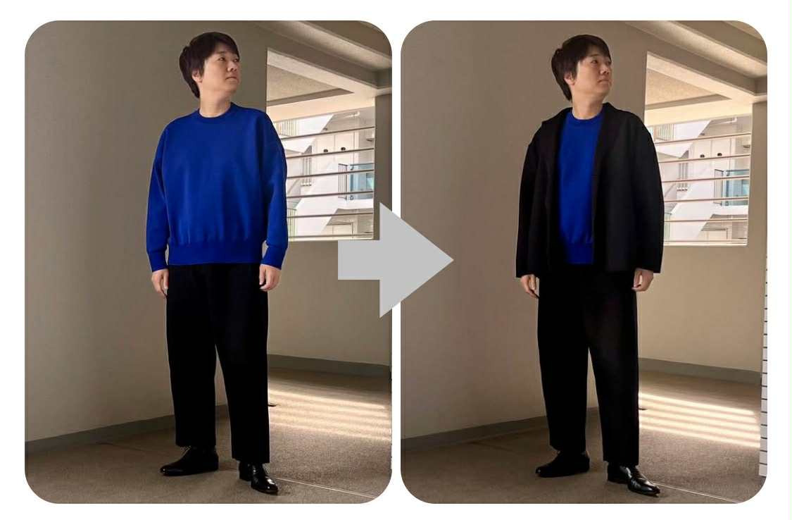 左）肩から地面まで1：1、右）着丈そのままに羽織りもの