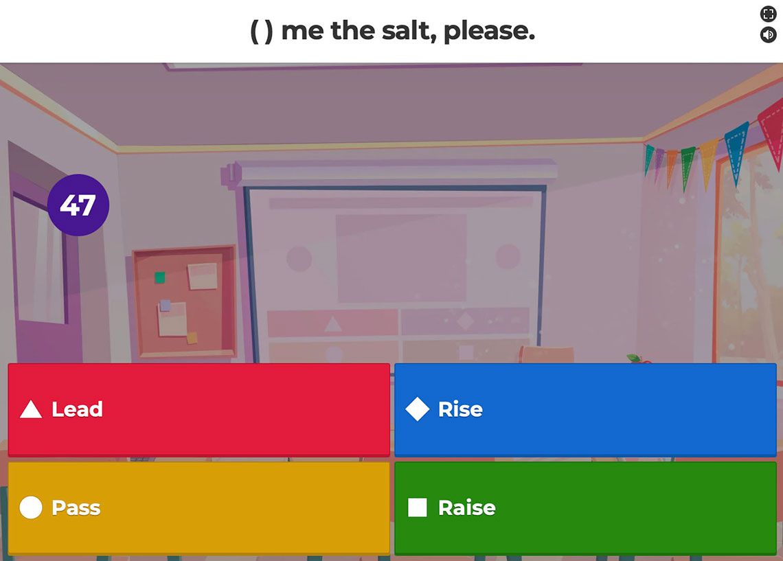 Kahoot!のゲーム画面。児童生徒は4つの選択肢から解答を選ぶ