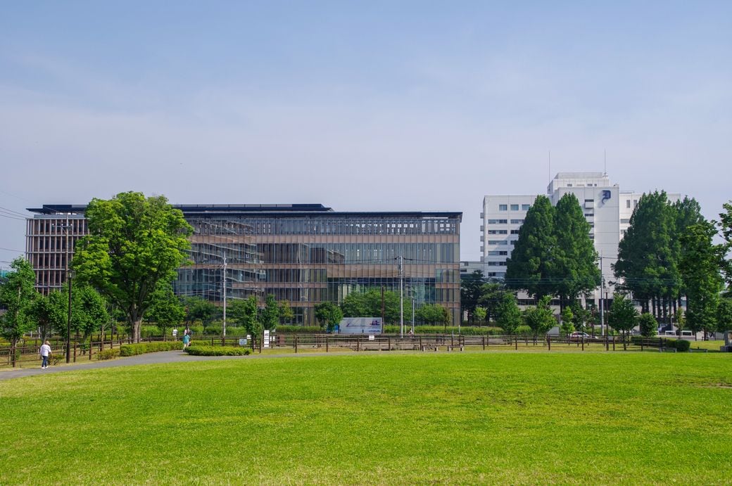 手前が松原団地記念公園。遊水池の機能も兼ねる。奥に見える獨協大学の建物との間には伝右川が流れる（筆者撮影）