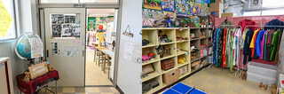 上飯田小学校の国際教室。入り口には利用のルールが平易な日本語で示されている。学習スペースと区切られたエリアには、さまざまな国の民族衣装やおもちゃ、本などが