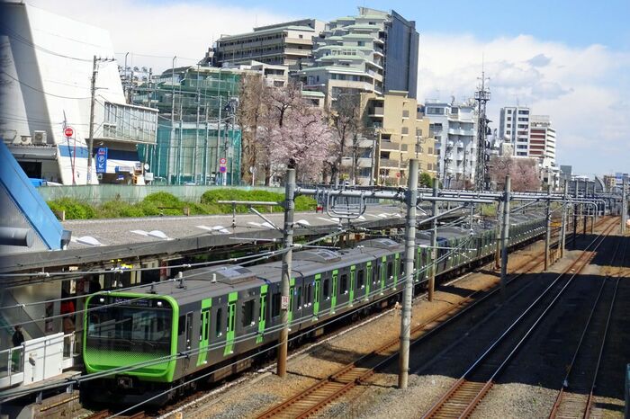 駒込駅に停車中の山手線。春は花見客でにぎわう