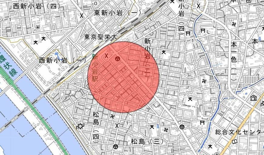 今回は赤くマーキングしたあたりを歩いた（国土地理院『電子国土Web』より筆者作成）