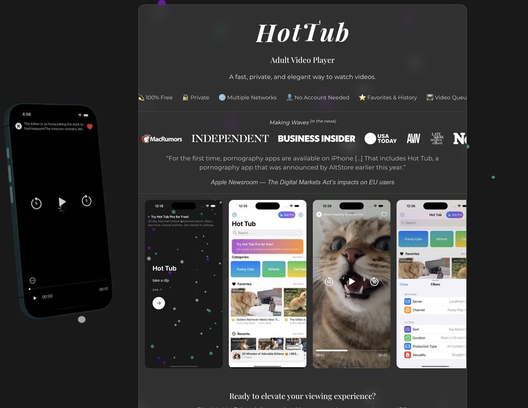 ヨーロッパで展開している他社製アプリストア、AltStoreで配信され大きな話題となったiPhone初のポルノアプリ、HotTub。最初「アップル公認ポルノアプリ」を謳ったが、アップルが公認したわけではなく、AltStoreが選んだだけだ。アップルはこの一件で、他社製アプリストアのアプリによるブランドイメージ毀損にさらに敏感になっている（筆者撮影）