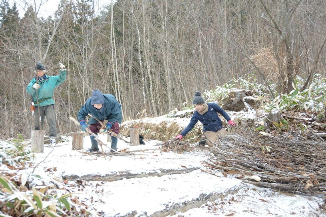 枝打ちした枝を集め、バイオネストを編む参加者