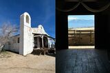 （左）映画「キルビル」「ターミネーター」などのロケ地となった「The Kill Bill Church」、（右）「The Kill Bill Church」から扉越しに高さ2867mのベーデン＝パウエル山が聳えている姿が印象的だった（筆者撮影）