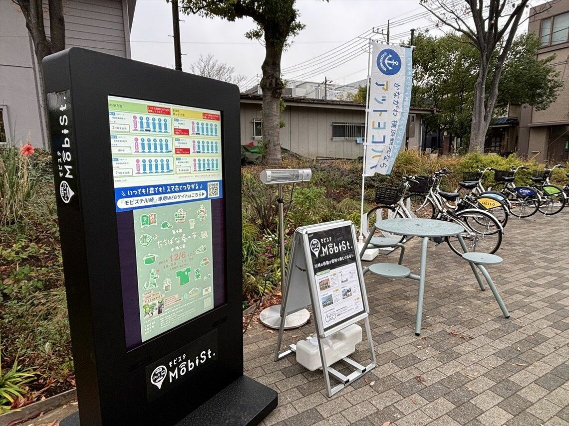 「モビステ」はシェアサイクルにくわえ、カーシェア、電動キックボードと歩行領域モビリティのシェアを融合し、ニーズに合わせた交通結節点を形成（筆者撮影）