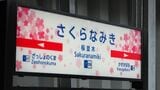 桜並木駅の駅名標は桜の花をデザインしている（記者撮影）