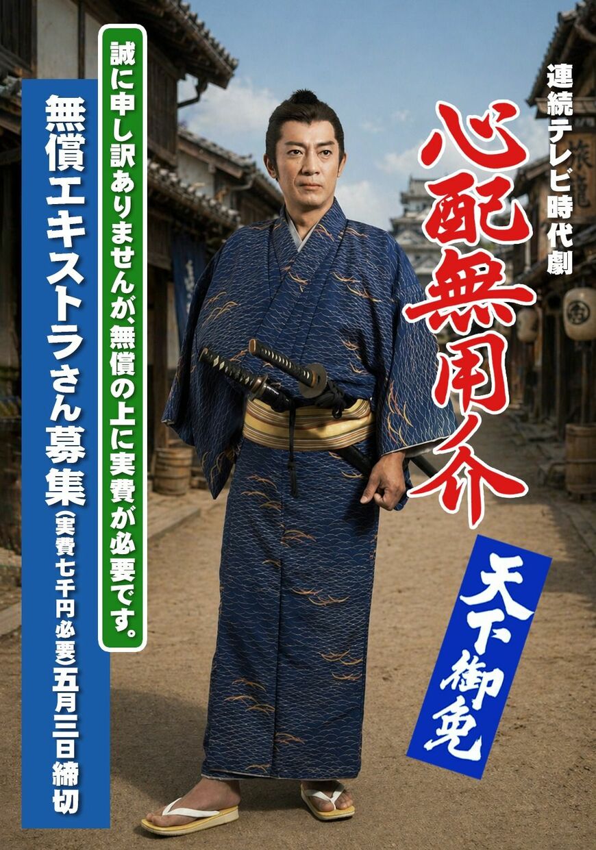 エキストラ募集のビジュアルも。こちらにも、「無料エキストラさん募集（実費七千円必要）」と書かれている（画像：安田淳一監督Xより）