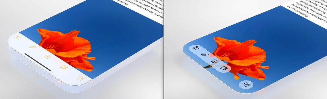 現行iOSのメモアプリでは画面の下に白いした時を表示してその上に線画のボタンを等間隔で描いていた（左）。Liquid Glassでは現行書類に対して行う操作と新規書類作成が別の塊として扱われ、それぞれの操作ボタンがおさまる最小サイズの水滴の上に表示される（画像：アップル）